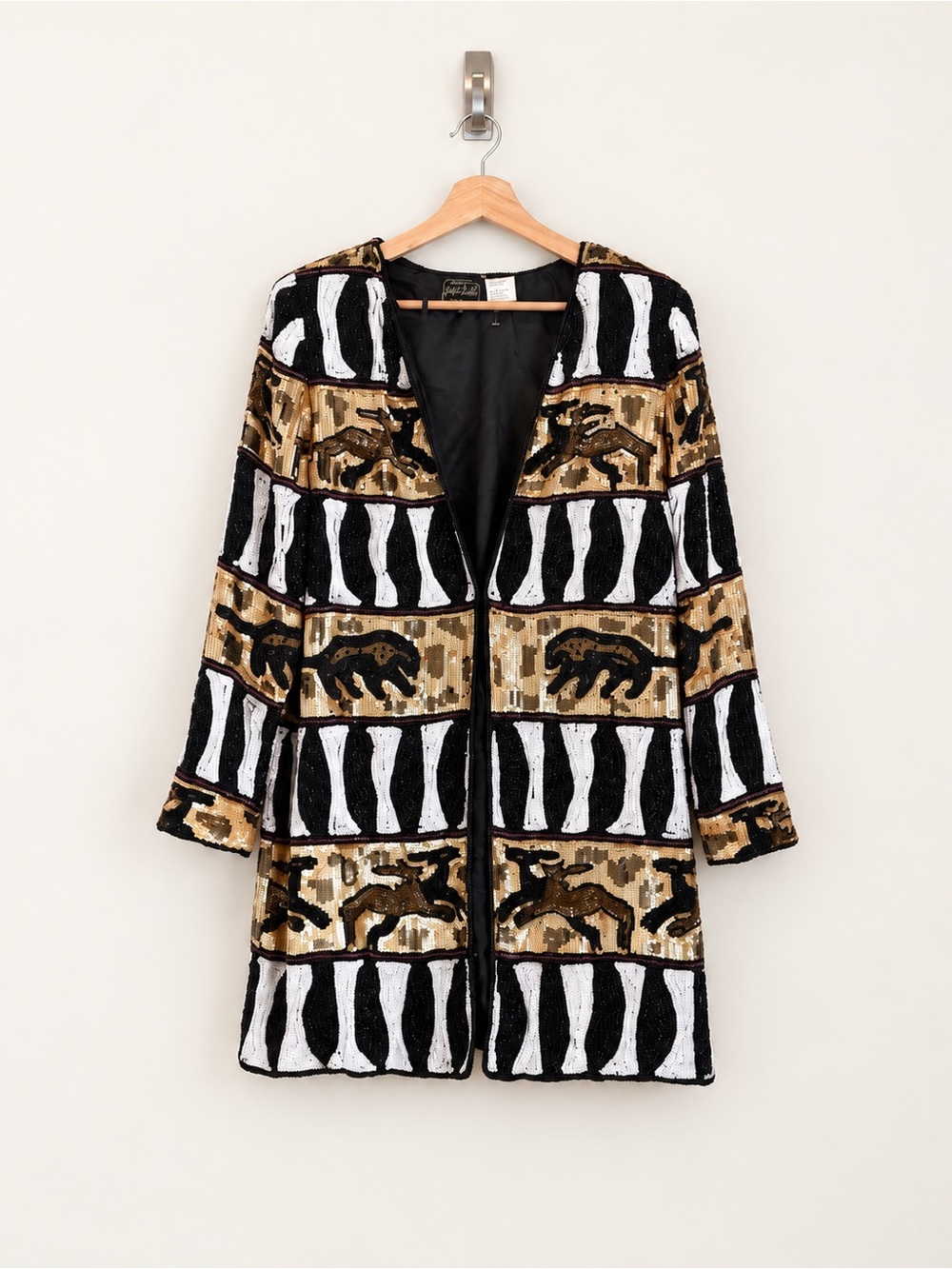 Vintage Jean Joseph LeBon Safari Animal Sequin Beaded Jacket Black Gold Size M